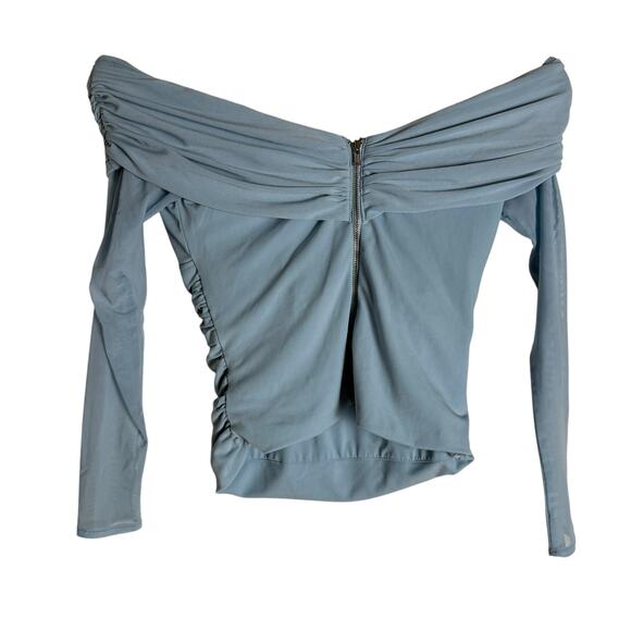 Self-Portrait Pale Blue Jersey Mesh Crossover Off the Shoulder Long Sleeve Top 0 - Picture 10 of 10